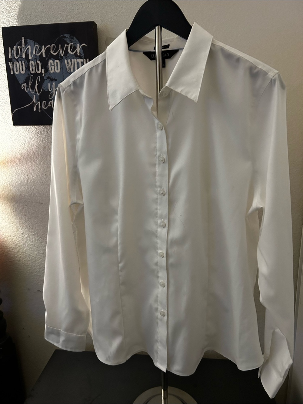 Ellen Tracy White Satin Button-Down Blouse